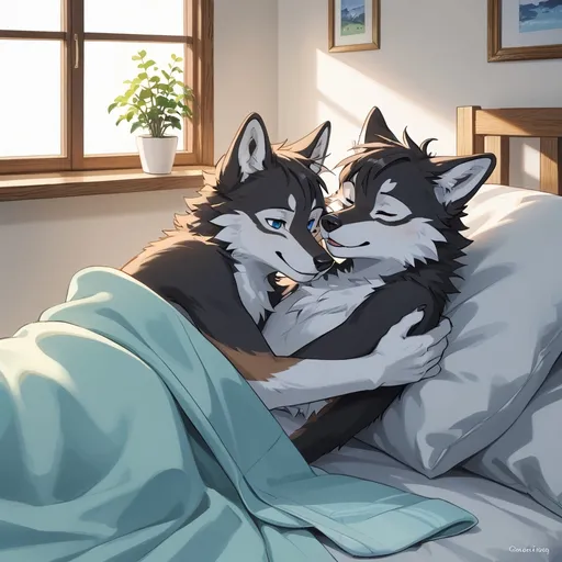 Prompt: anime style, (cuddling wolf furries), adorable and whimsical scene, both male, warm and cozy ambiance, soft blankets and pillows, gentle moonlight filtering through a window, (aesthetically pleasing decor), vibrant colors and cuddly expressions, tranquil atmosphere, exquisite details in fur textures, high-quality ultra-detailed illustration, charming sleepover vibes.