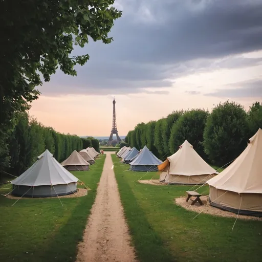 Prompt: make a pictire with this infofrance	Camping Les Prés	close to paris with only glamping tents colse to paris so in the distance i want to see paris 

