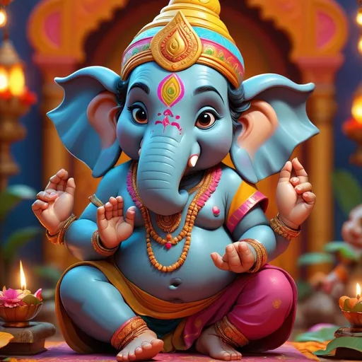 Prompt: 3D, 4D, 8K, Ganesha character, children's book illustration style, multiple poses and expressions, cinematic, cinema 4D render, vibrant colors, joyful celebrations, detailed features, cute and charming, traditional attire, intricate patterns, festive atmosphere, high quality, happy Ganesh Chaturthi, colorful, dynamic poses, professional lighting