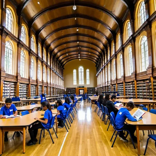 Prompt: A big Library hall and reading meny students on site a chair