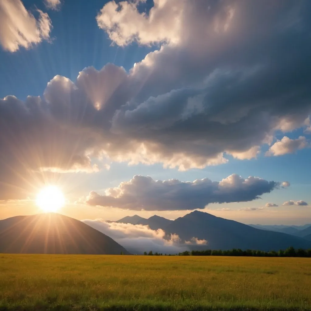 Prompt: The mountain tach the clouds on sky and sun sanining on the field 