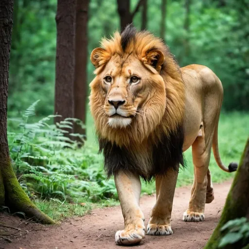 Prompt: A lion walking in the forest