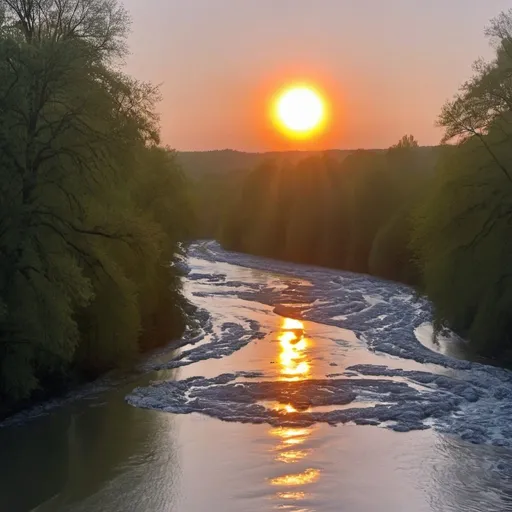 Prompt: The sun growing up  the river  and sensing 