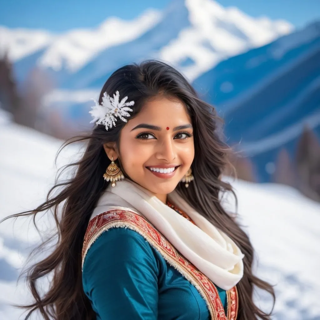 Prompt: Fantasy young indian girl, in the snow, snow capped mountain in the background, she is smiling and beautiful, young, with long hair.