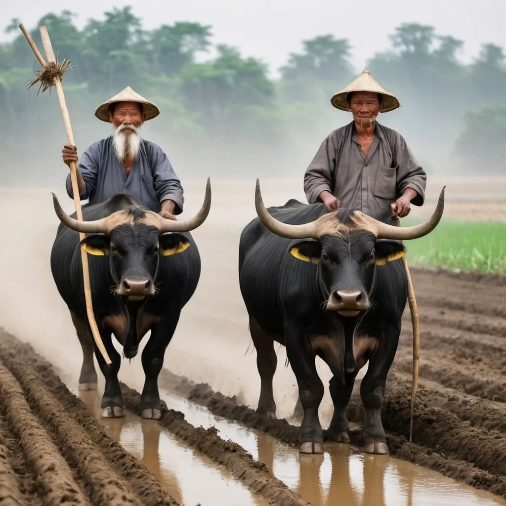 Prompt: The two black ox and Oldman holding an stik plowing the fields 