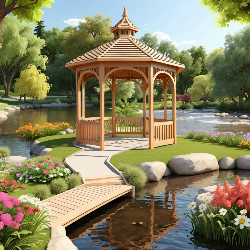 Prompt: a botanical garden park that has a wooden gazebo with flowers and trees near a river.