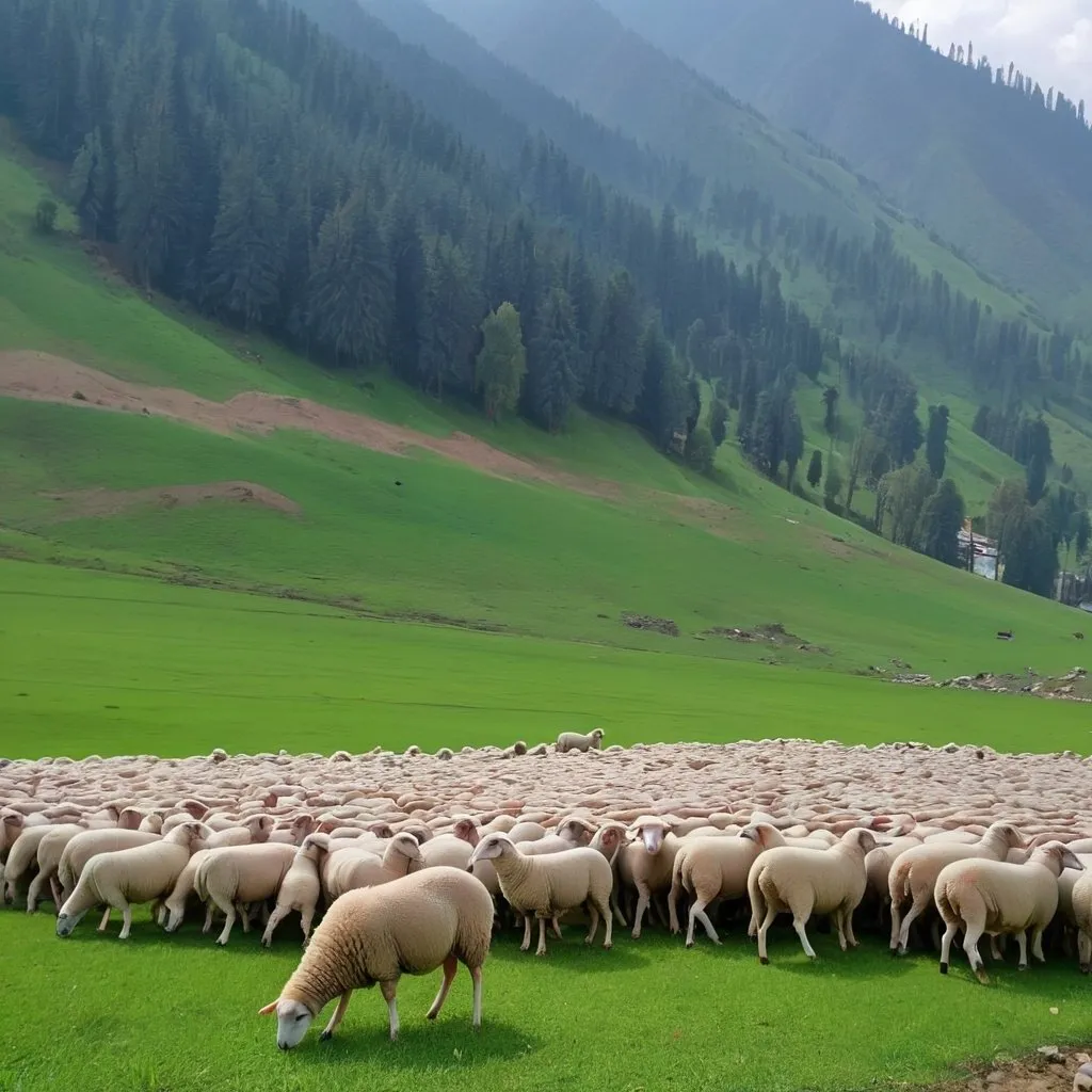 Prompt: The Many sheep are grazing in Kashmir field 