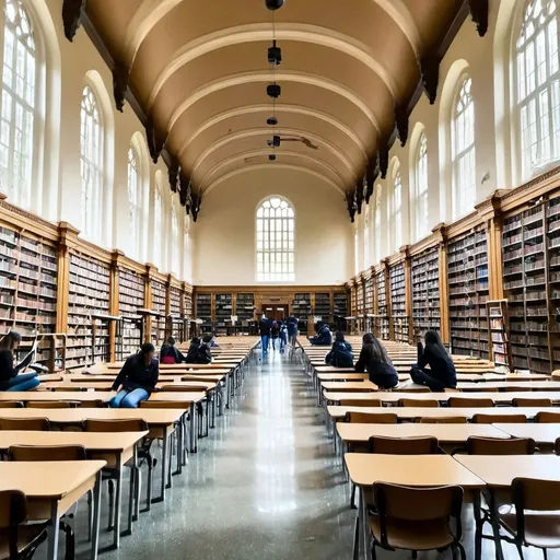 Prompt: A big Library hall and reading meny students on site a chair