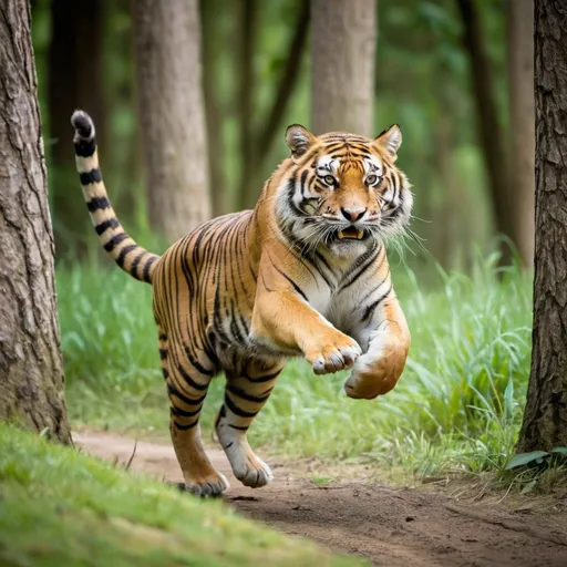 Prompt: A tiger running into woods 