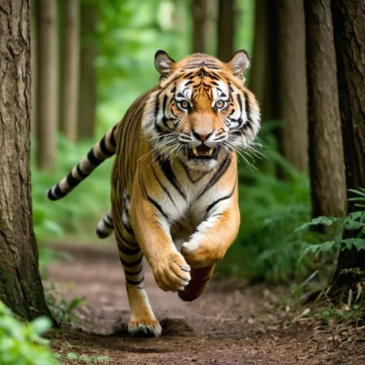 Prompt: A tiger running into woods 