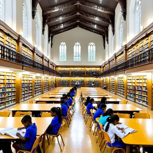 Prompt: A big Library hall and reading meny students on site a chair