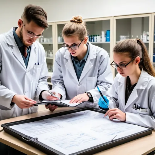Prompt: A big madical Laboratory and meny students research medicine on the table