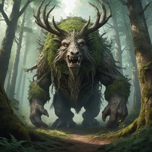 Prompt: the blimpartinger, a mystical creature in an ancient forest that protects its home from too much seriousness in life --ar 16:9 --chaos 25 --s 750-s 250