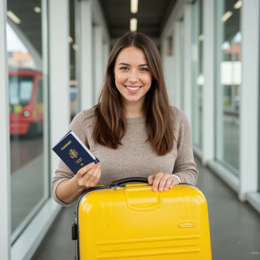 Prompt: a woman holding a yellow suitcase and a passport in her hand and smiling at the camera with a smile on her face, Adrienn Henczné Deák, altermodern, liminal, a stock photo advertisement of air tickets  