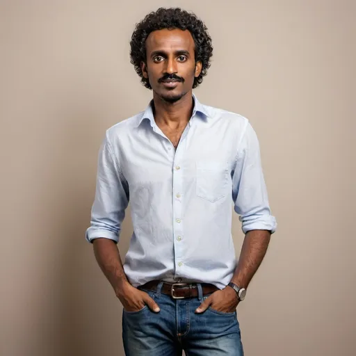 Prompt: Here’s a detailed prompt you could use with an AI image generation tool:

"Create an image of a tall, dark-skinned Eritrean man age 35 wearing a white shirt and blue jeans. He should have short curly hair and a confident expression. The background should be simple and neutral to keep the focus on him."

