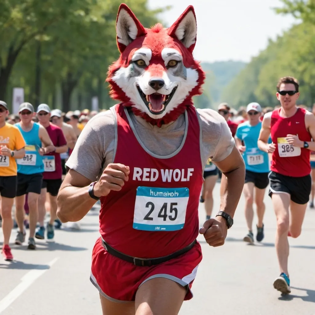 Prompt: A humanized redwolf running a marathon