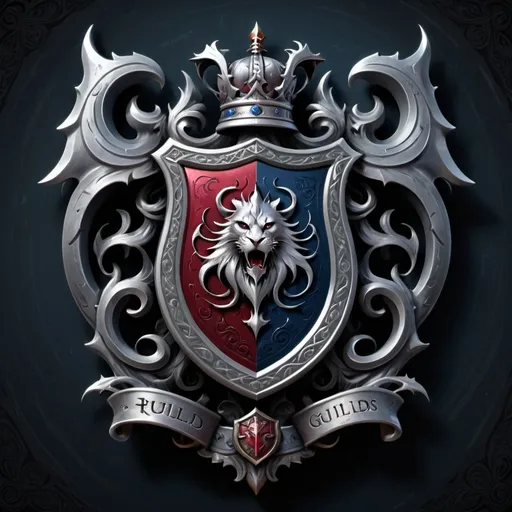 Prompt: (fantasy style guild crest), (dark color scheme), intricate designs, heraldic symbols, mystical elements, ominous atmosphere, deep blacks, dark blues, accented by silver and crimson tones, highly detailed, ornate textures, emblematic shapes, fantasy-inspired motifs, 4K resolution, ultra-detailed illustration, suitable for gaming, epic and dramatic feel.