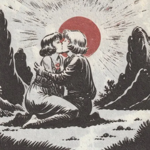 Prompt: Inkdrawing, <mymodel>japanese vintage mountain, couples kiss, black and white colour, dark red sun, pionies 