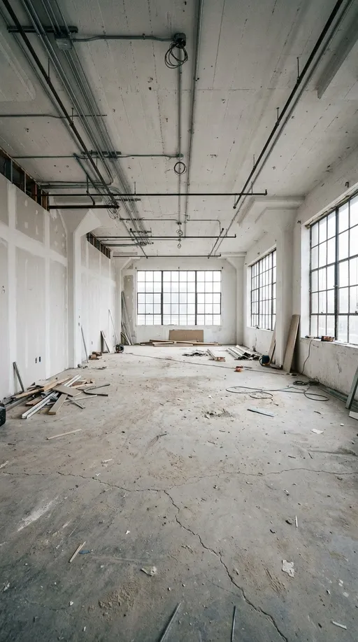Prompt: A wide-angle cinematic view of a high-end luxury showroom under construction. Raw concrete flooring with visible cracks and dust, unfinished white walls, exposed ceiling elements, electrical wiring visible. Construction debris scattered lightly across the floor. Industrial windows allow soft daylight to enter. No furniture, no decor. Gritty realism. Static camera, symmetrical composition, ultra-photorealistic, 8k detail.