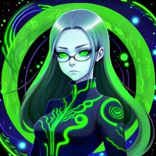 Prompt: Create a gender-neutral, ethereal character named ‘VertiginousVoid’ inspired by an enlightened agent. The character has deep, dark, hypnotic eyes with swirling patterns. Their long, flowing hair is in shades of black, deep green, and emerald with shimmering highlights. They have pale, glowing skin. They are dressed in a sleek, modern dark business agent suit with layers and translucent parts, predominantly green with silver and electric blue accents. The suit features swirling patterns, symbolizing enlightenment. The character wears minimalistic silver jewelry with star motifs. They hold a staff or orb with a vortex design. The background is a high cliff overlooking a vast, starry void, suitable for a profile picture view.