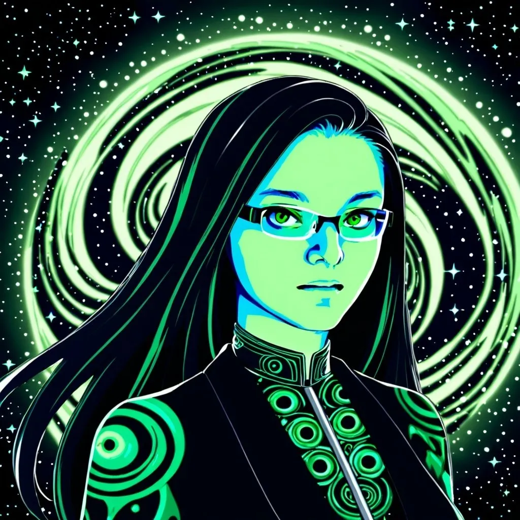 Prompt: Create a gender-neutral, ethereal character named ‘VertiginousVoid’ inspired by an enlightened agent. The character has deep, dark, hypnotic eyes with swirling patterns. Their long, flowing hair is in shades of black, deep green, and emerald with shimmering highlights. They have pale, glowing skin. They are dressed in a sleek, modern dark business agent suit with layers and translucent parts, predominantly green with silver and electric blue accents. The suit features swirling patterns, symbolizing enlightenment. The character wears minimalistic silver jewelry with star motifs. They hold a staff or orb with a vortex design. The background is a high cliff overlooking a vast, starry void, suitable for a profile picture view.