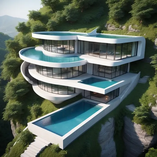 Prompt: A modern 3 story house on the side of a mountain, two roof bubble curves inspired by seagull wings in mid-flight, stairs leading down to a cantilevered pool below, minimalist architectural design, panoramic windows, sleek lines, surrounded by lush greenery, elegant exterior lighting, twilight setting, warm and inviting atmosphere, high contrast between natural stone and glass materials, vibrant blue pool water, highly detailed, 4K resolution, photorealistic.