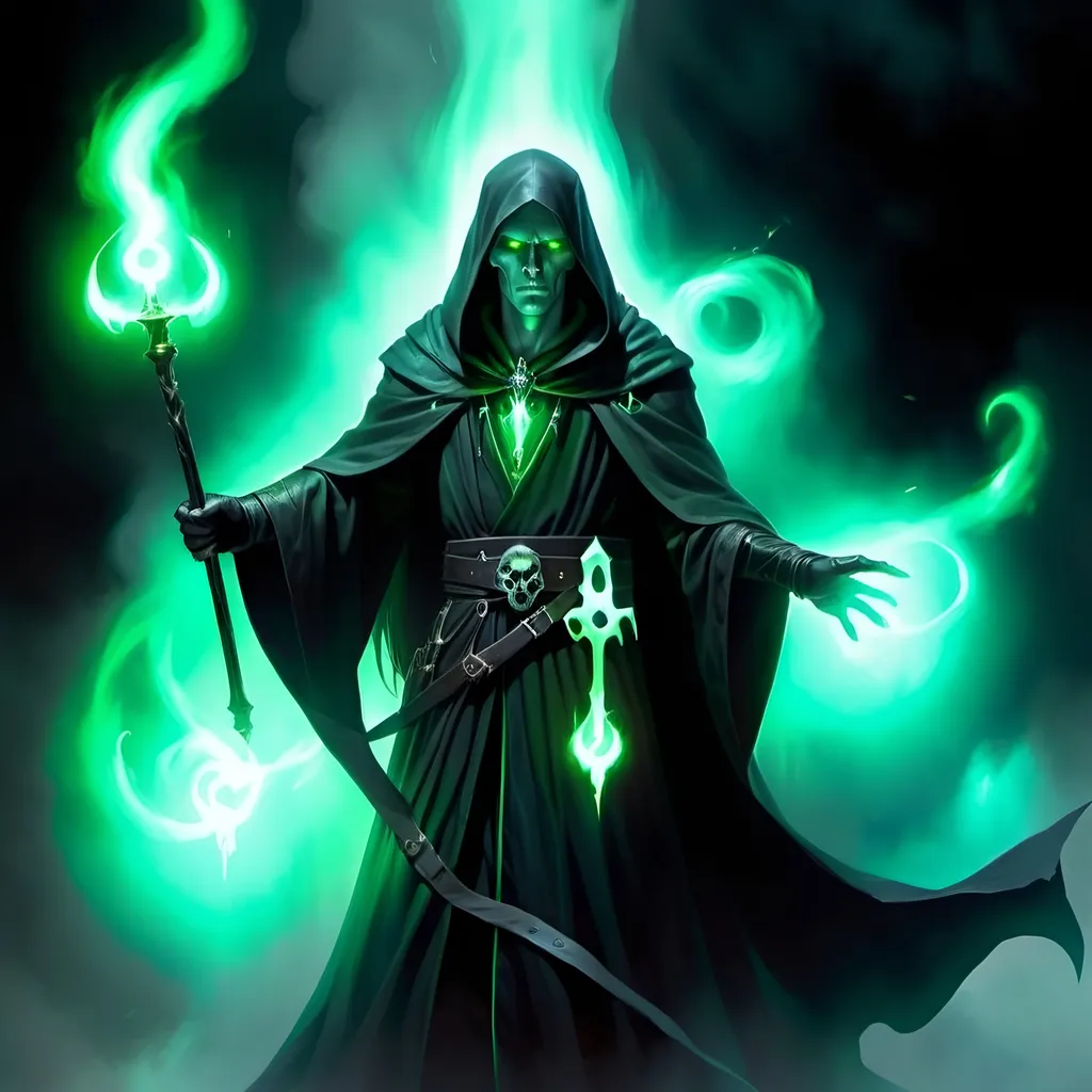 Prompt: necromancer human from DnD looking to the right of the frame, wearing a black robe and gloves, with green eyes with medium length hair, holding an ornate black staff, casting a ray of evil magic, surrounded by ghosts, intimidating, powerful, deep mist, Aleksi Briclot, gothic art, deviantart artstation, a fine art painting, detailed face, detailed ghost