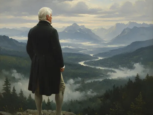 Prompt: Erstelle ein Bild im Stil von Casper David Friedrich. Der Mann ist dabei vor einer typischen Landschaftskulisse zu sehen. Die Haare und das Gesicht werden nicht verändert. Die Kleidung wird an die Zeit des Künstlers angepasst. Die Pinselstriche sind auf dem Bild gut zu erkennen.