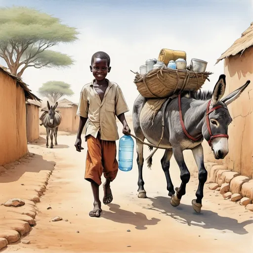 Prompt: A coloured drawing of an African boy walking besides a donkey carrying water jericans