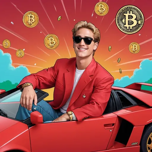 Prompt: Zack morris sitting in a red Lamborghini with sunglasses on and bitcoins falling from the sky. With the words “$ZACK” 