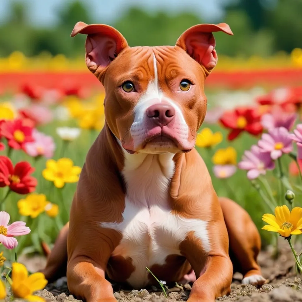 Prompt: A red pitbull sitting in a flower field 