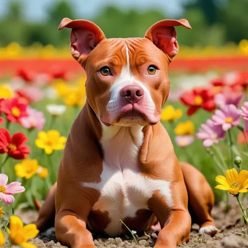 Prompt: A red pitbull sitting in a flower field 