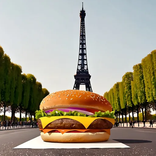 Prompt: a big burger walking near Eiffel tower