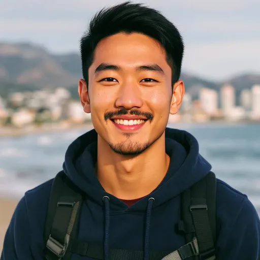 Prompt: A man. Ethnic is East Asian. Tall and thin, handsome and healthy. Have short mustaches and beard but not too much. Relaxing but stable. Could have a slight smile but must be charming and humor.Background could be beach, mountains, hiking or in city like LA or Seattle.