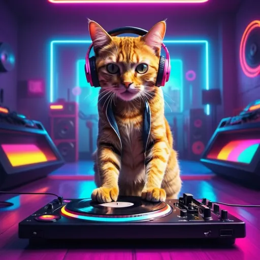 Prompt: (DJ cat), playful feline in gym attire, headphones on, energetically spinning vinyl records, vibrant neon lights, colorful gym equipment in the background, lively atmosphere, fun and energetic vibe, high detail, 4K resolution, bright and dynamic scene, emphasizing fitness and music fusion, joyful expressions, upbeat and motivating ambiance.