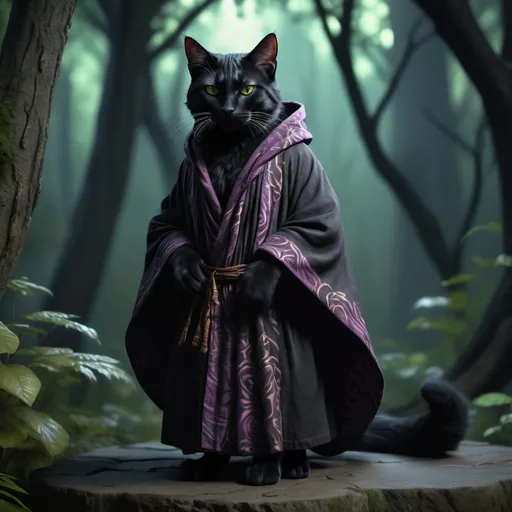 Prompt: (Male Tabaxi) black cat, young-adult, full body pose, Druid, (nervous appearance) , magic Druid robe (highly detailed), dark lively Forrest background, (dim ambiance), (moody lighting), artistic touch, (4K resolution), vibrant color. 