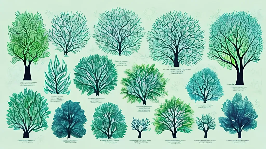 Prompt: beautiful, vivid hand-drawn style art piece, include shades of green and blue. Show many trees at various levels of maturity: from a young sapling to a large mature tree.
