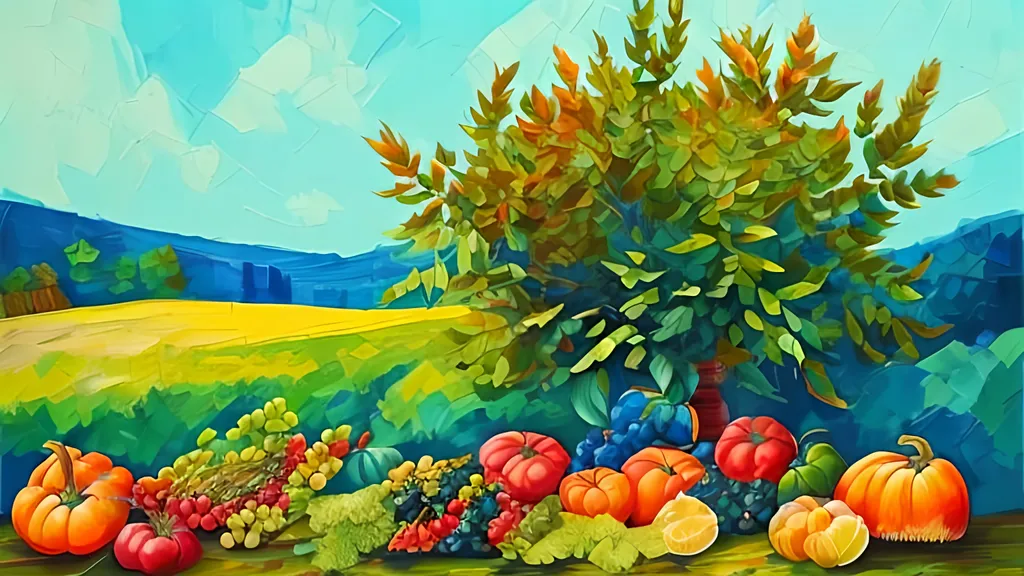 Prompt: beautiful painting style art piece, vivid rich colors, shades of green and blue, representing a growth season with a harvest