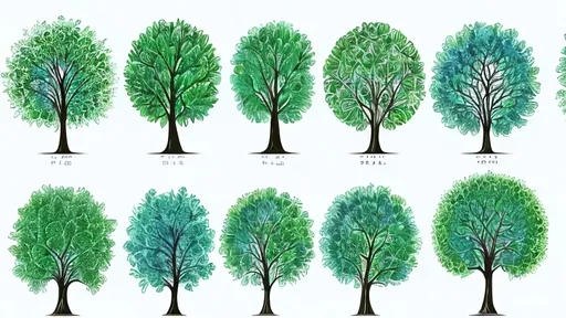 Prompt: beautiful, vivid hand-drawn style art piece, include shades of green and blue. Show many trees at various levels of maturity: from a young sapling to a large mature tree.