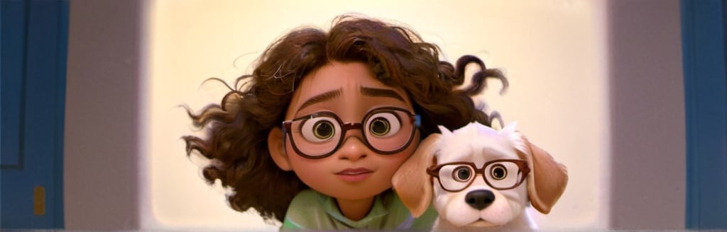 Prompt: A brown girl with glasses and wavy hair holding a white dog