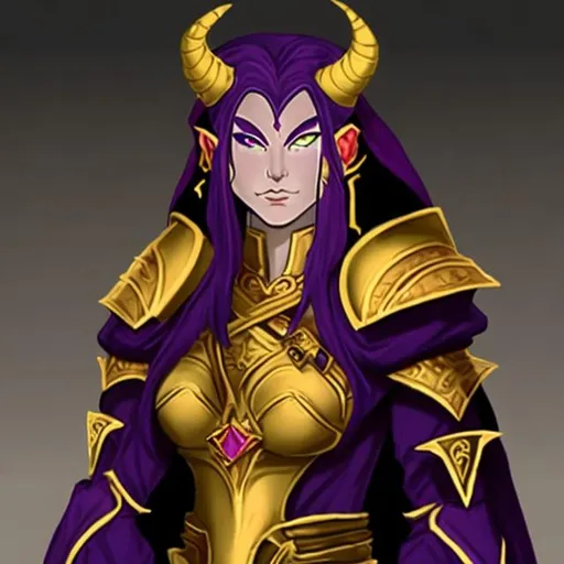 Prompt: purple female tiefling in golden plate armor with a red cloak and tabard. She has long white hair and glowing green eyes. She is very pretty but looks like a fierce warrior.