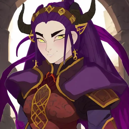 Prompt: Azula, a tall and strong female Tiefling. She has gorgeous long white hair. purple hued skin, and glowing green eyes. She is a might warrior who wears golden plate armor with a red cloak and tabard. She has purple skin. and white hair. She has two long black and red horns the extend upwards. She is thicker. She wears thick plate armor. She wears Judgement armor from world of warcraft.
