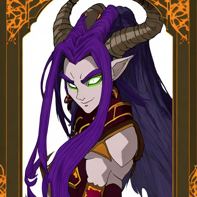 Prompt: Azula, a tall and strong female Tiefling. She has gorgeous long white hair. purple hued skin, and glowing green eyes. She is a might warrior who wears golden plate armor with a red cloak and tabard. She has purple skin. and white hair. She has two long black and red horns the extend upwards. She is thicker. She wears thick plate armor. She wears Judgement armor from world of warcraft.
