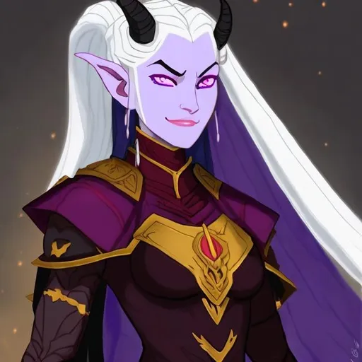 Prompt: Azula, a tall and strong female Tiefling. She has gorgeous long white hair. purple hued skin, and glowing green eyes. She is a might warrior who wears golden plate armor with a red cloak and tabard. She has purple skin. and white hair