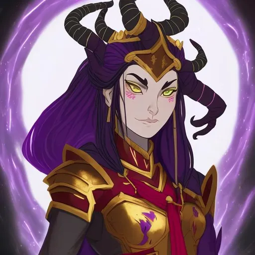Prompt: Azula, a tall and strong female Tiefling. She has gorgeous long white hair. purple hued skin, and glowing green eyes. She is a might warrior who wears golden plate armor with a red cloak and tabard. She has purple skin. and white hair. She has two long black and red horns the extend upwards. She is thicker.
