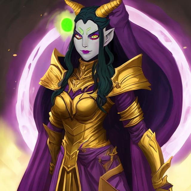 Prompt: purple female tiefling in golden plate armor with a red cloak and tabard. She has long white hair and glowing green eyes. She is very pretty but looks like a fierce warrior.