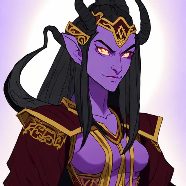 Prompt: Azula, a tall and strong female Tiefling. She has gorgeous long white hair. purple hued skin, and glowing green eyes. She is a might warrior who wears golden plate armor with a red cloak and tabard. She has purple skin. and white hair