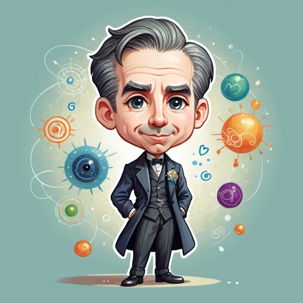 Prompt: a charming chibi illustration of  the danish  physicist Neils Bohr, middle age gentleman, dressed in early 20th-century clothing, cheerful ambiance, (highly expressive features), stand up, all body,color tones,  artistic representation tailored for educational materials, playful yet informative style.