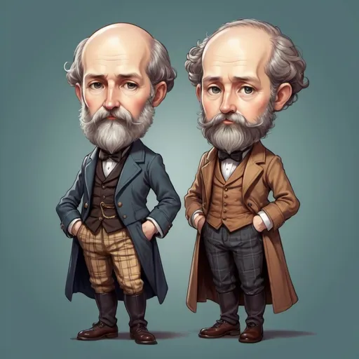 Prompt: (charming chibi illustration of professor and a scottish physicist James Clerk  Maxwell, all body,  whimsical character design, Maxweel wears victorian style cloaths. almost bald with a long beard.