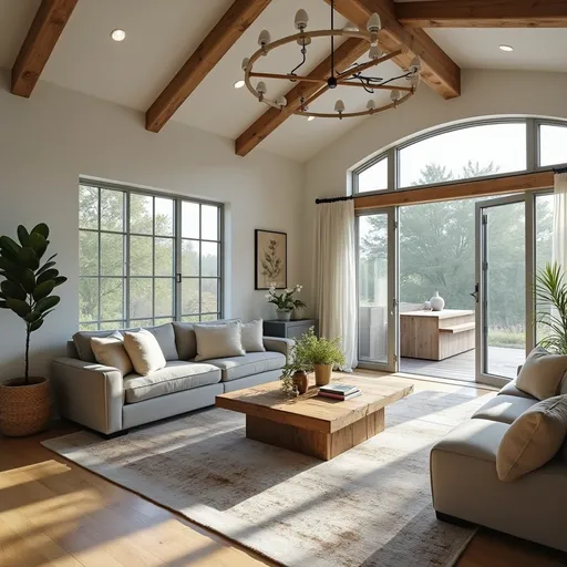 Prompt: Need a living room in a farmhouse with modern and focusing on the celling 